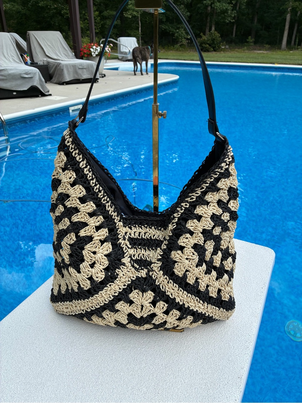 Boho Black Cream Woven Crochet Shoulder Bag Hobo Purse Handmade Style